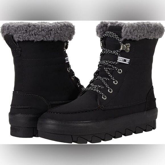 Sperry Juneau High Top Hiking Boot Faux Fur Collar Black Suede 7.5 NWOB - Picture 2 of 3